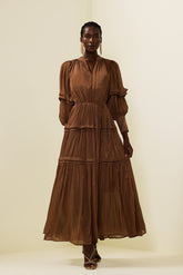 Pleat Lantern Sleeve V-Neck Midi Dress